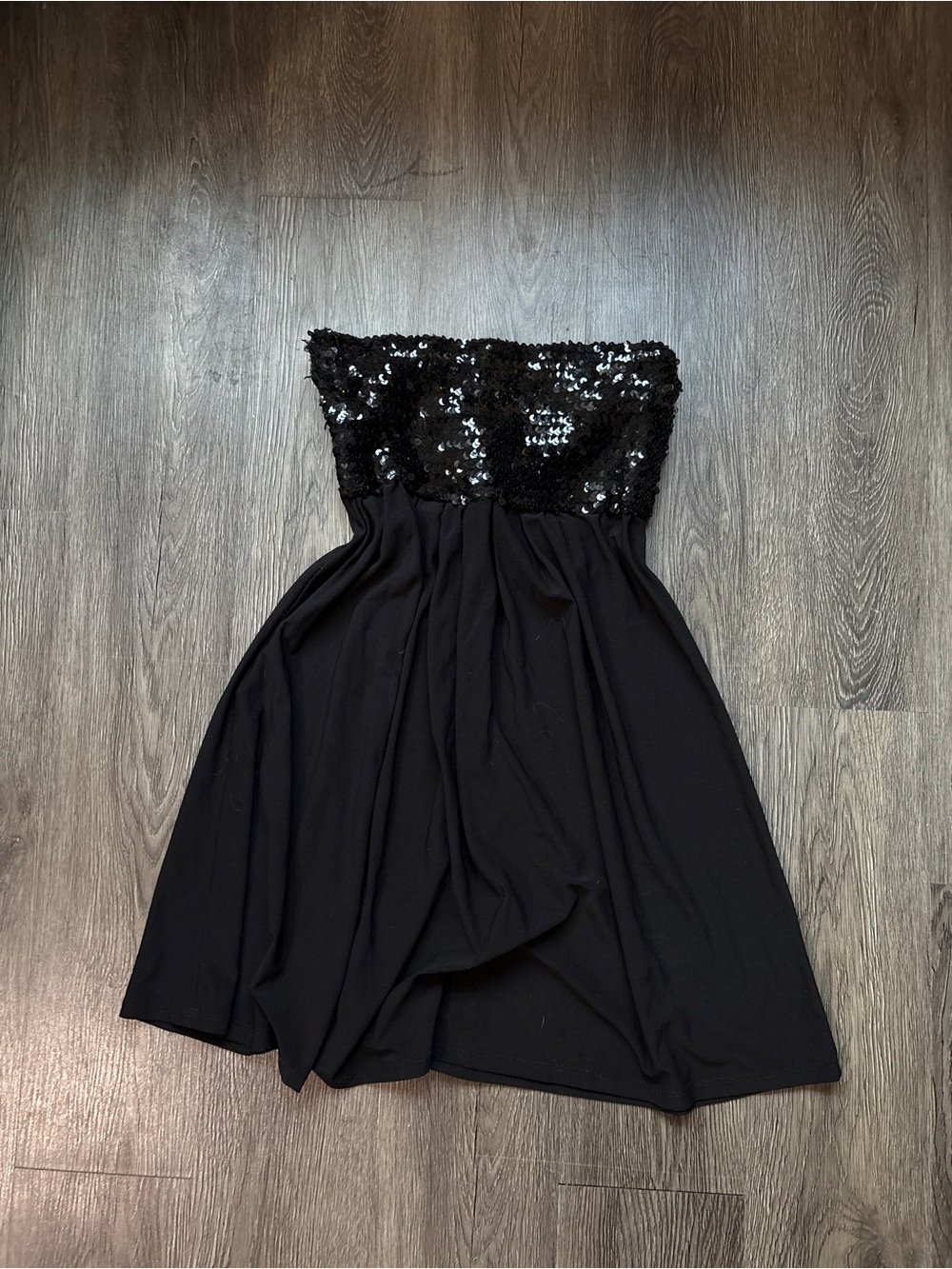 Strapless Black Sequin Bodice Midi Dress